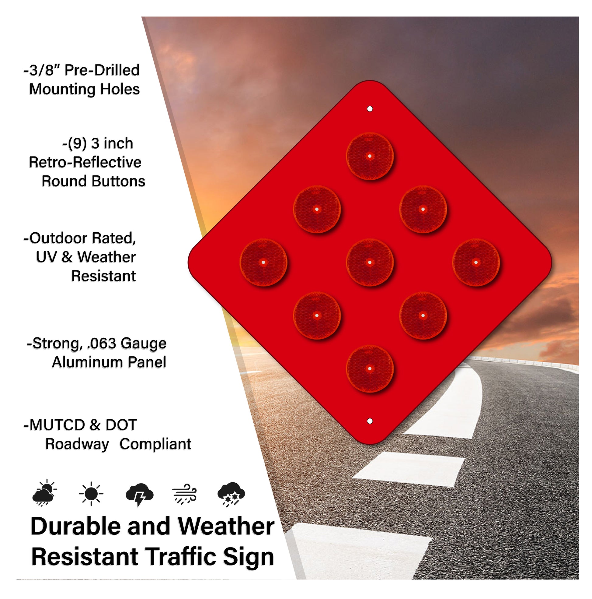 9-BUTTON RED OBJECT MARKER SIGN, 18X18, OM4-1, RETRO REFLECTIVE BUTTONS (Copy)