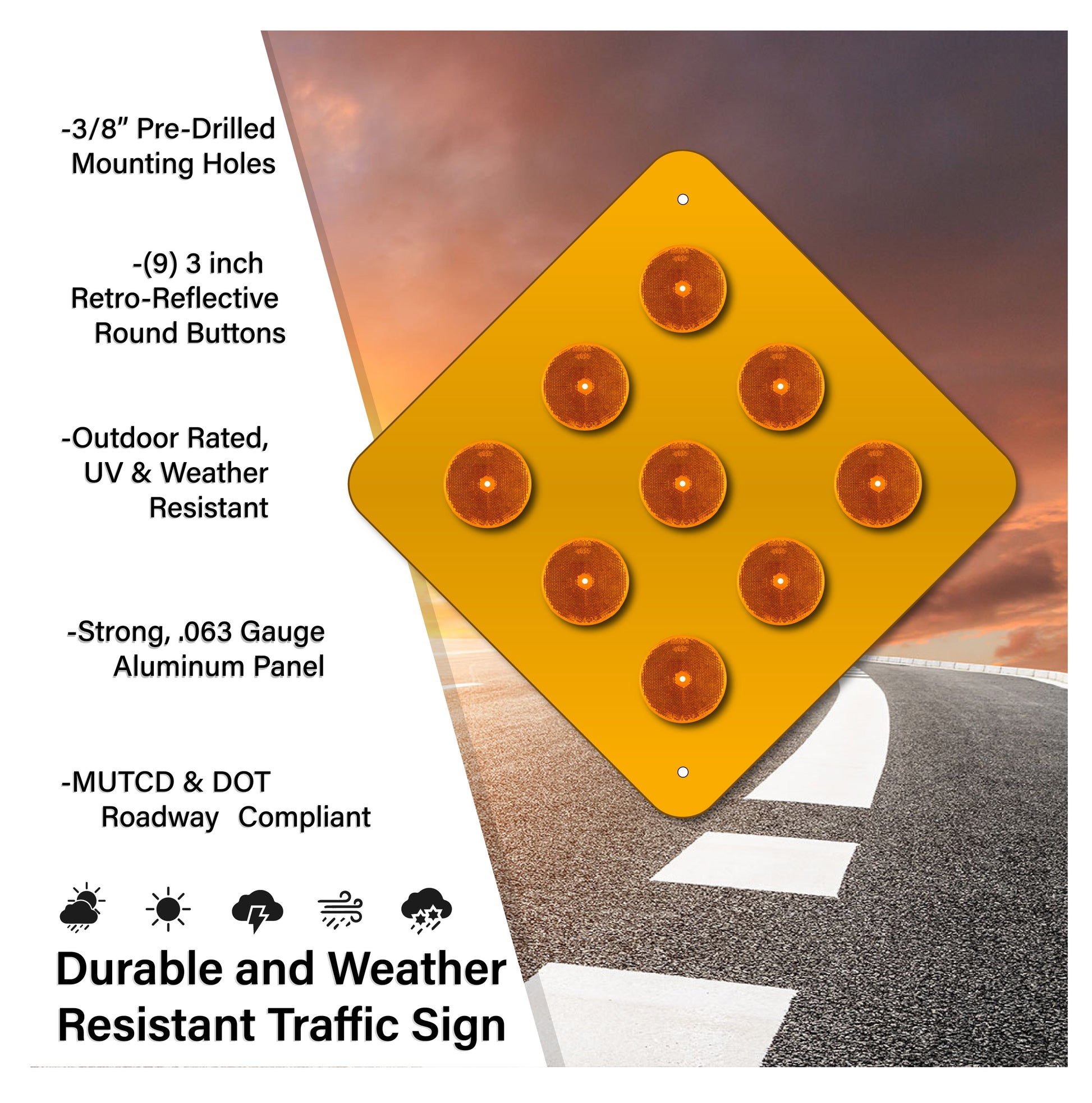 9-BUTTON YELLOW OBJECT MARKER SIGN, 18X18, OM4-1, RETRO REFLECTIVE BUTTONS