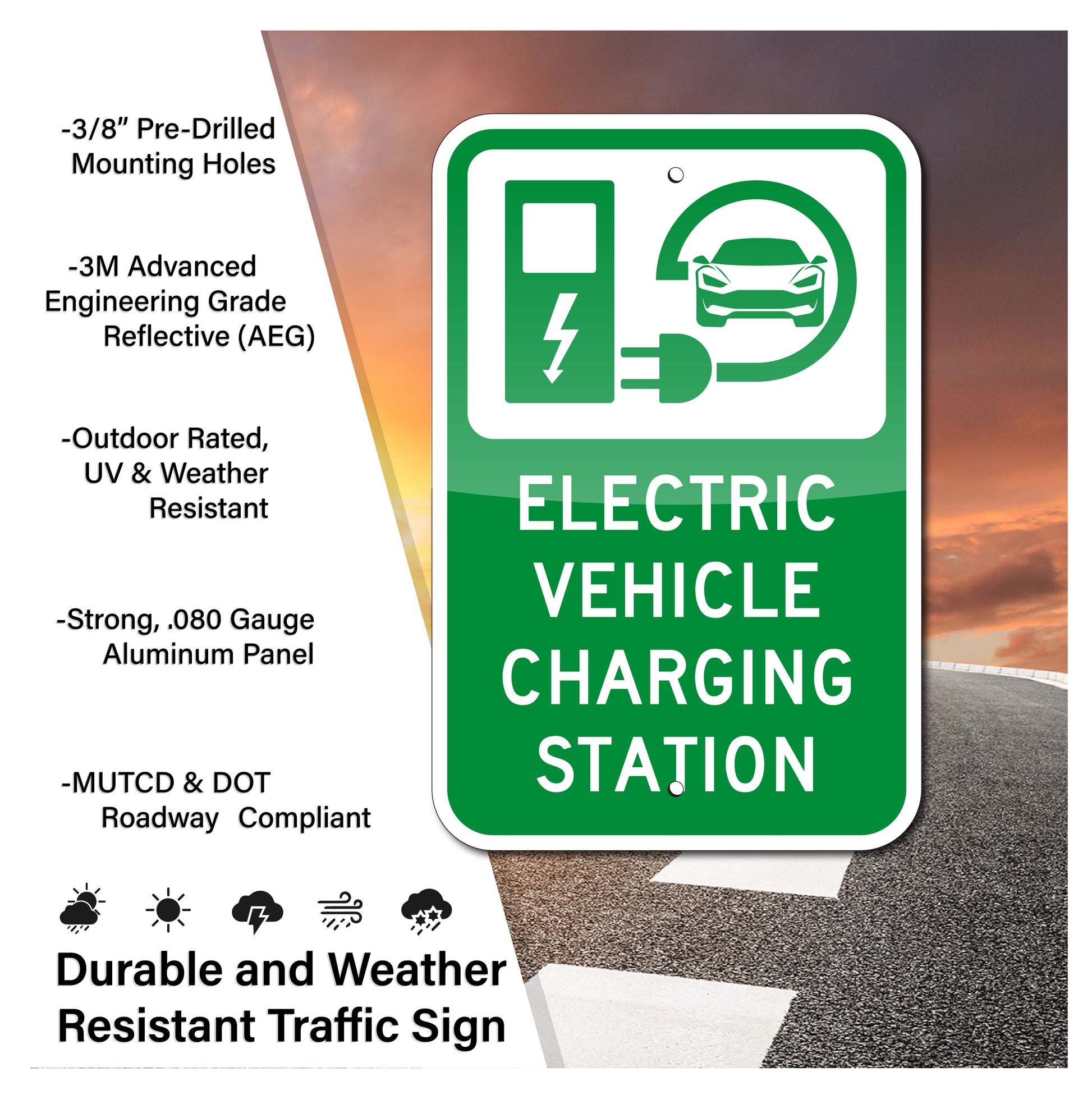 EV, ELECTRIC VEHICLE CHARGING SIGN, 12"X18", REFLECTIVE, .080 ALUM