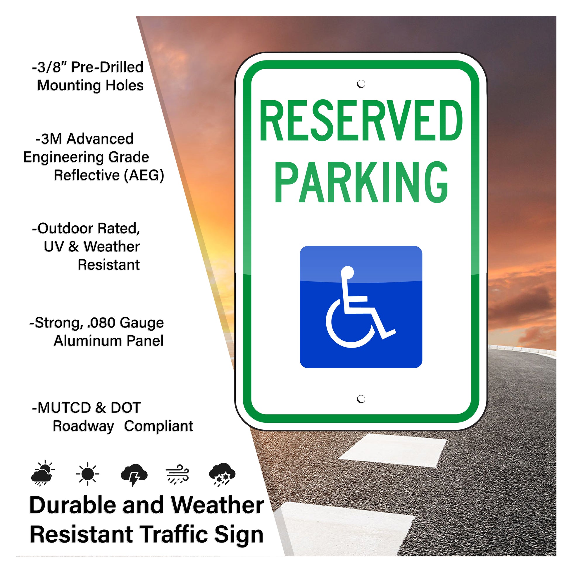 HANDICAP RESERVED PARKING SIGN, 12"X18", REFELCTIVE, .080 ALUMINUM