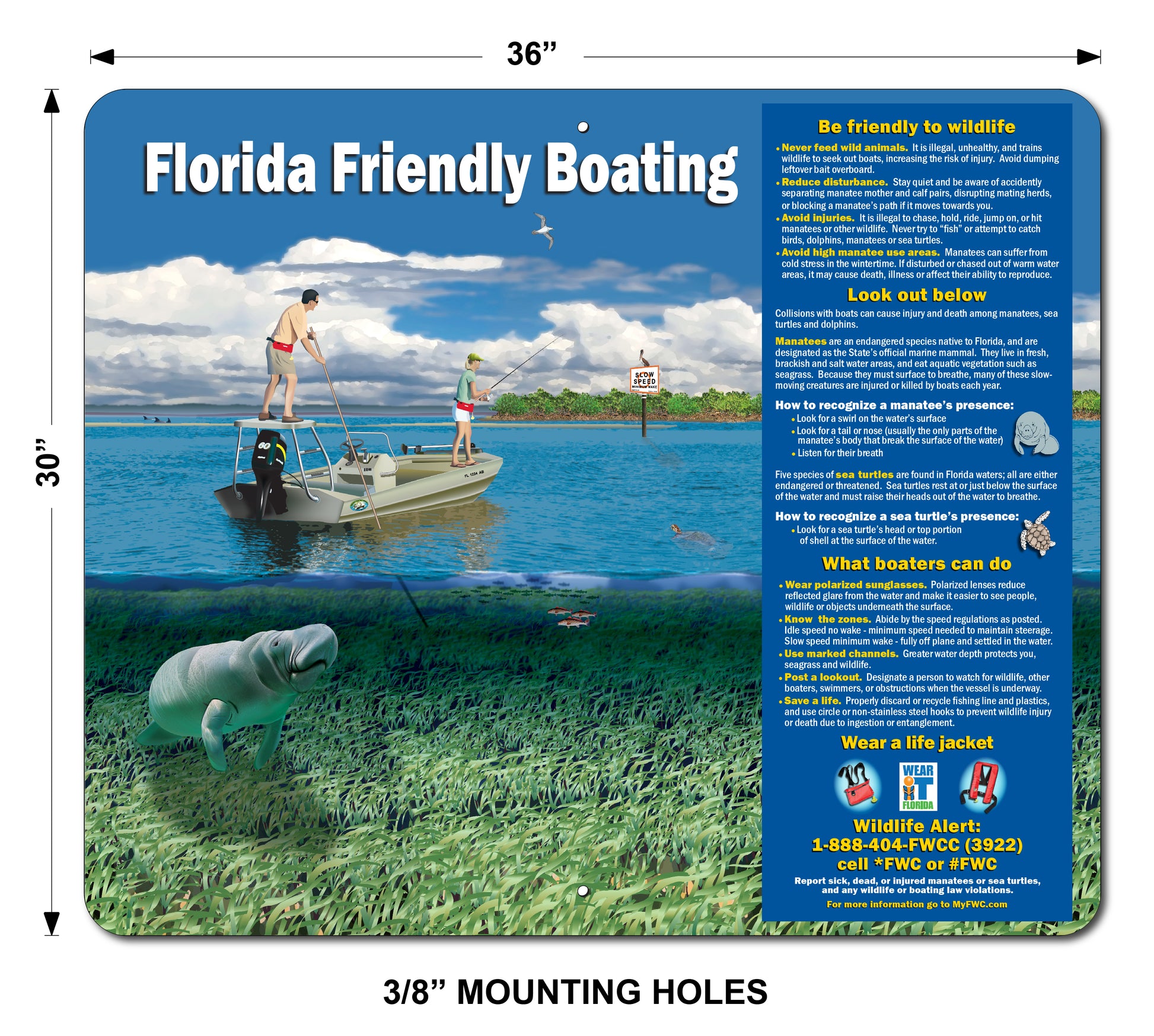 MANATEE AWARENESS SIGN - FL FRIENDLY BOATING 36"x 30"