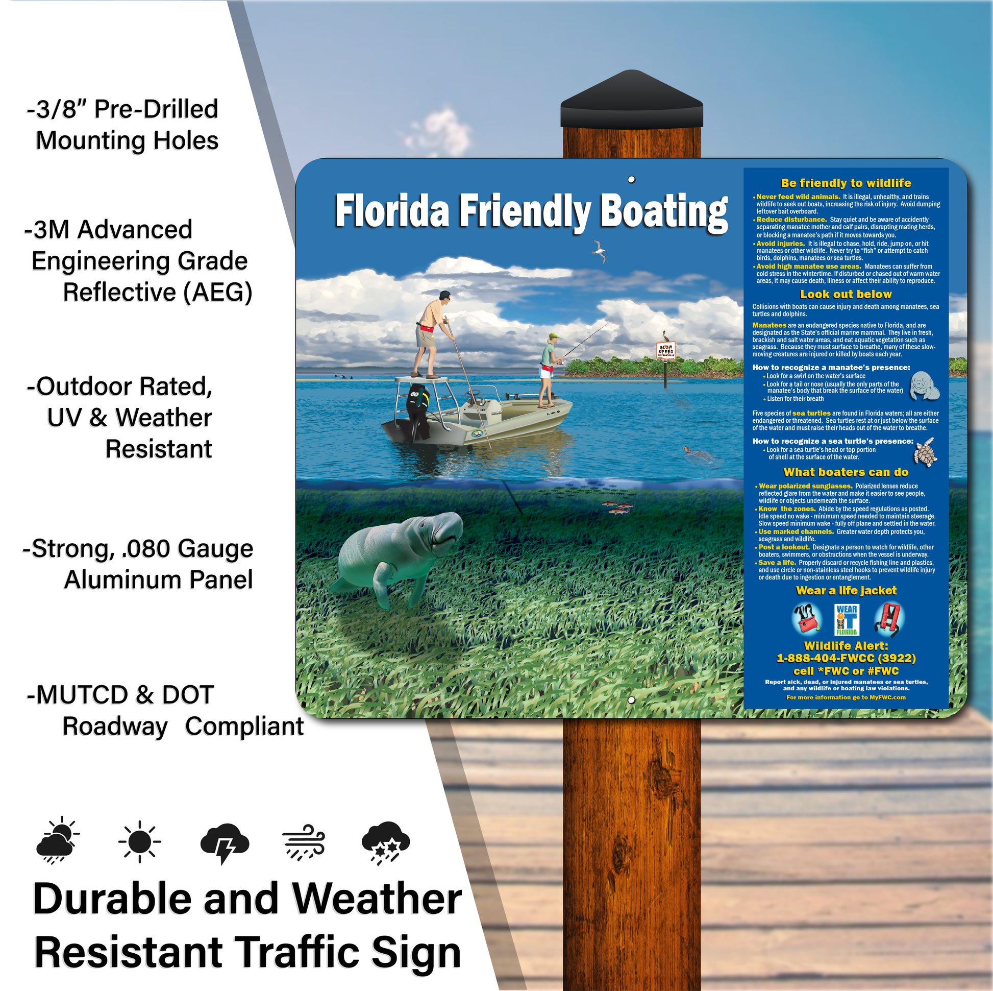 MANATEE AWARENESS SIGN - FL FRIENDLY BOATING 36"x 30"
