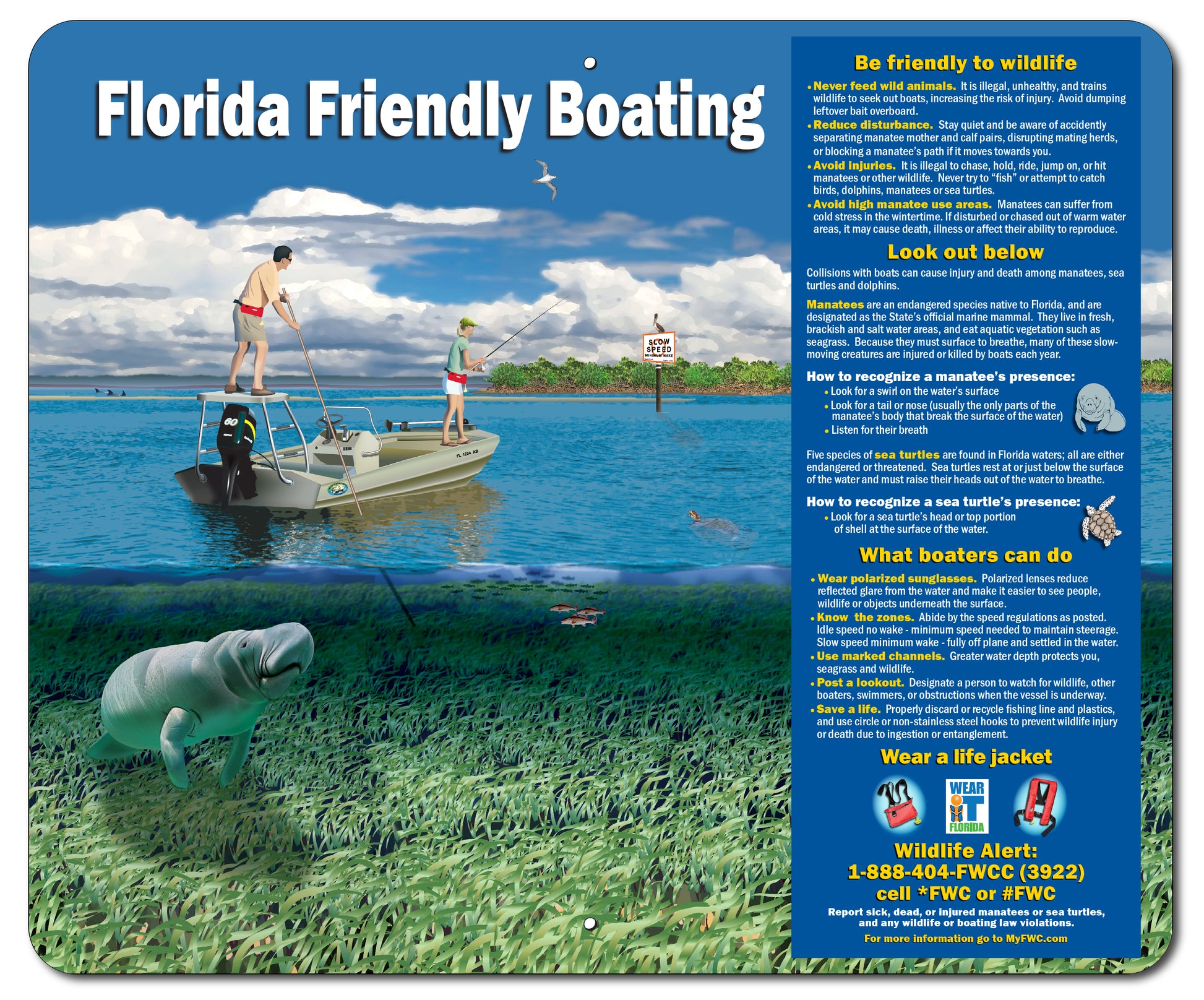 MANATEE AWARENESS SIGN - FL FRIENDLY BOATING 36"x 30"