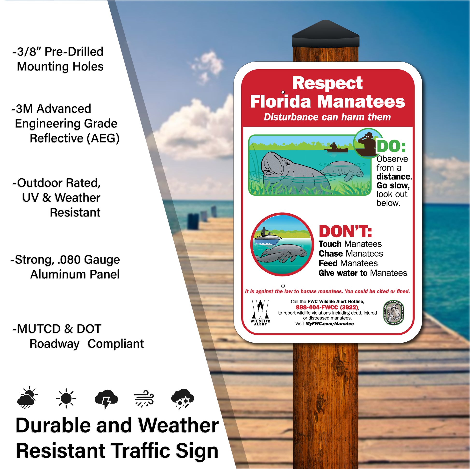 RESPECT FLORIDA MANATEES SIGN -FWC Approved 12"X18"
