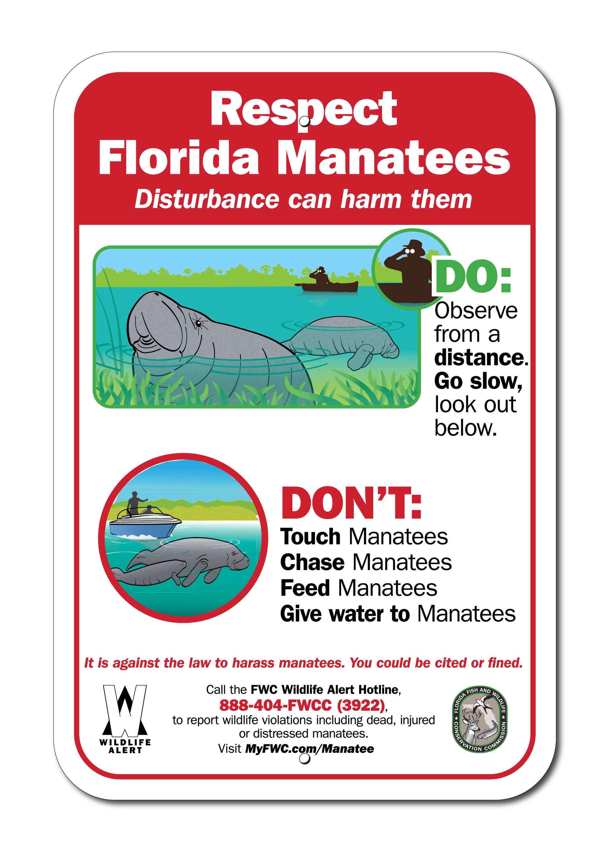 RESPECT FLORIDA MANATEES SIGN -FWC Approved 12"X18"